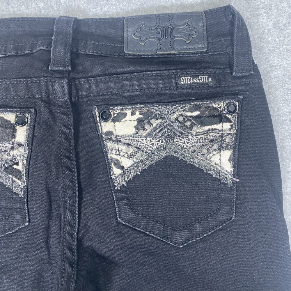 Miss Me Skinny Jeans Womens 27 Black Cowhide Lace Rhinestone Embellished - Picture 9 of 16